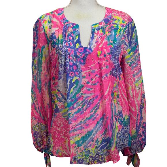 Lilly Pulitzer Colby Silk Clip Top, metallic, painterly, resort, effortless - Picture 1 of 8